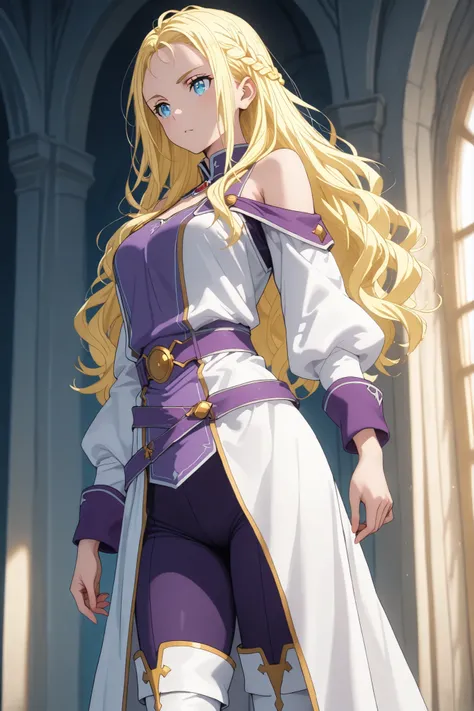 solo, ushio kofune,  masterpiece, ultra detailled, long hair, wavy hair, blond hair, braid, blue eyes, in a castle, white medieval tunic, bare shoulders, white thigh boots, purple tight pants, purple belt, purple cuff, outfit with gold trim, fantasy style,...