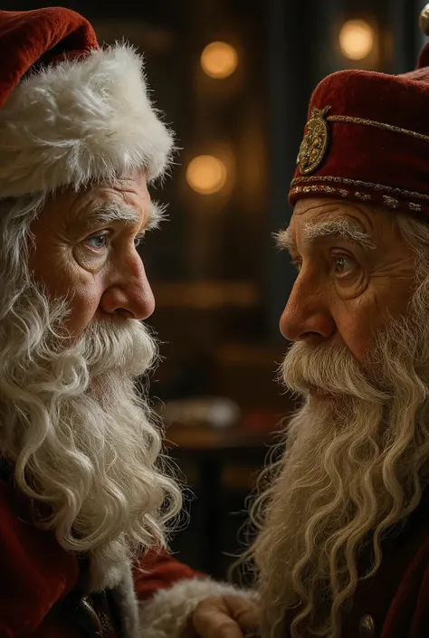 Extreme close-up, photorealistic. The faces of Santa Claus and Ded Moroz are seen from the side, their profiles facing each other in a serious, whispered conversation across a small table. The focus is on their eyes, the texture of their real skin, the ind...