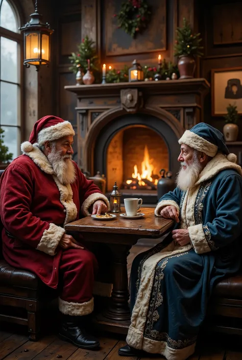 Photorealistic, cinematic shot. Two elderly, realistic men, Santa Claus and Ded Moroz, having a friendly conversation in a cozy, rustic cafe. They are sitting in a leather booth by a crackling fireplace. Santa is in his detailed red wool suit, Ded Moroz in...