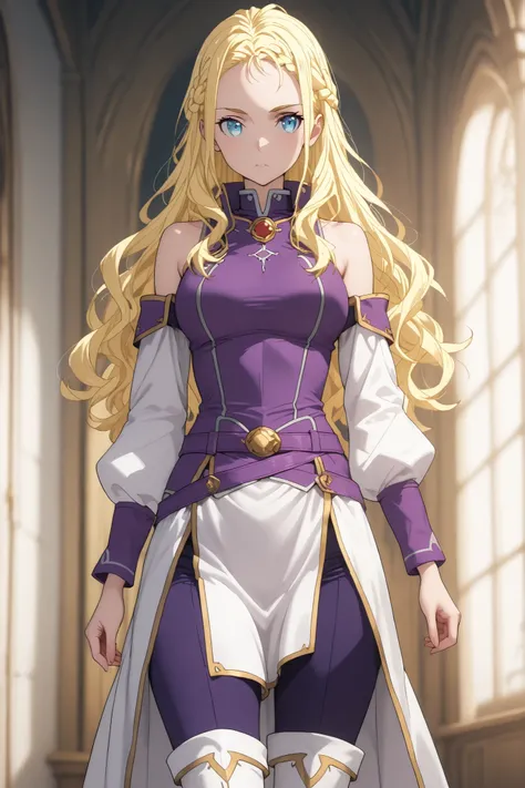 solo, ushio kofune,  masterpiece, ultra detailled, long hair, wavy hair, blond hair, braid, blue eyes, in a castle, white medieval tunic, bare shoulders, white thigh boots, purple tight pants, purple belt, purple cuff, outfit with gold trim, fantasy style,...