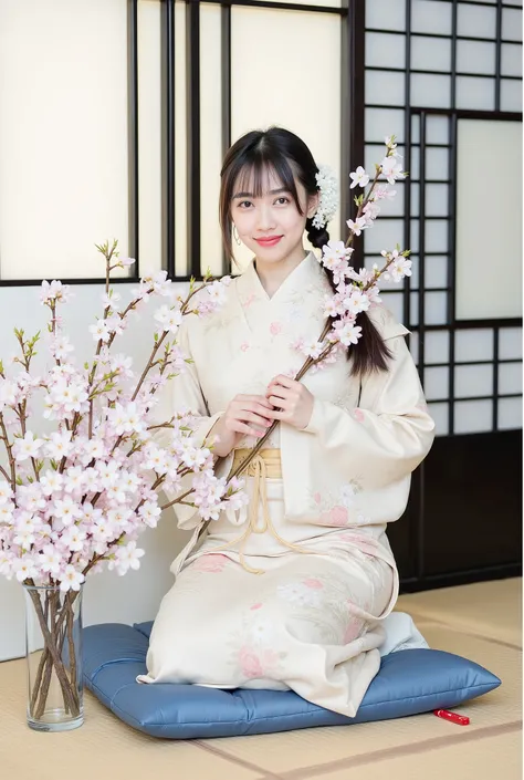 A graceful young woman sitting on a blue traditional cushion in a Japanese tatami room. She is wearing an **elegant pale cream kimono with soft pastel floral patterns** and a **light gold obi belt**, tied neatly around her waist. She holds a bouquet of **d...