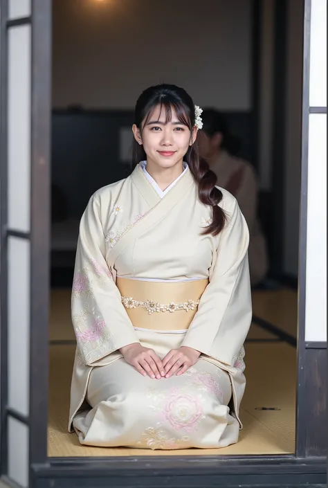 A graceful young woman sitting in a traditional Japanese tatami room, positioned at the entrance. She is wearing an **elegant pale cream-beige kimono** with **subtle pastel patterns** near the hem and a **light gold obi belt** tied neatly around her waist,...