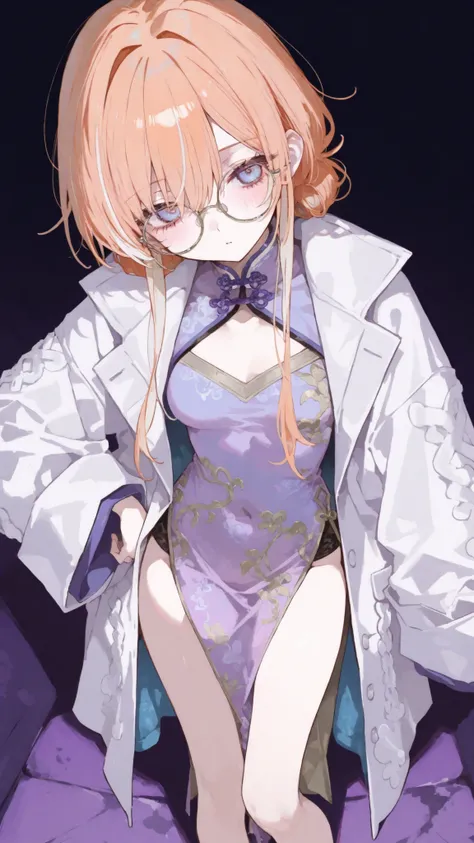 girl,Light Orange Hair ,in blue eyes,Round Glasses,Purple Chinese Dress,slim,White Jacket Coat,Long Legged Chinese Pants,