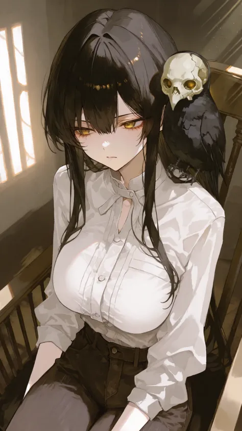 girl, golden eyes,Black hair,long hair,long hair,trousers, Big breasts,slim, Gaze eye ,sitting in a chair, serious face,ปล่อยlong hair,Bend Over,sunlight,There is a monster with a bird's head, a skull on the back.,