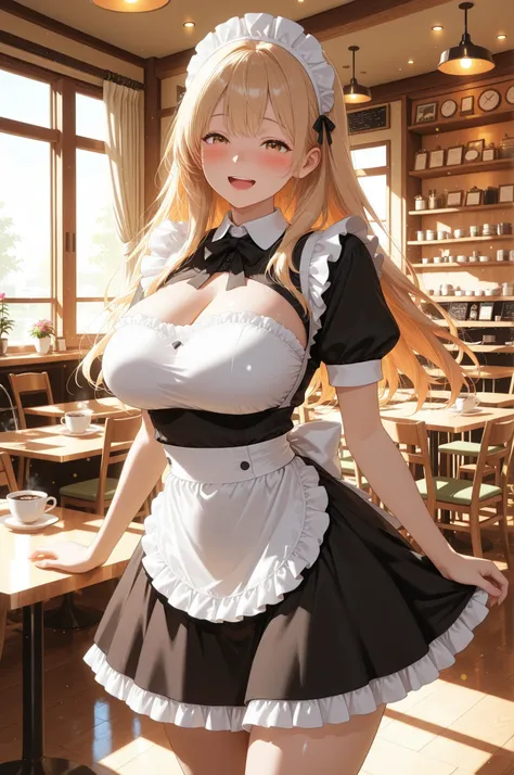 1 Beautiful Girl, beautiful, maids, clear skin, soft eyes, フリルmaids服, Headdress, ruffle skirt, big breasts, thighs, natural expression, Relaxed, long hair, (smile, Blush, Open His Mouth」), beautiful景色, (( cafe interior, table)), Relaxed Atmosphere, anime, ...