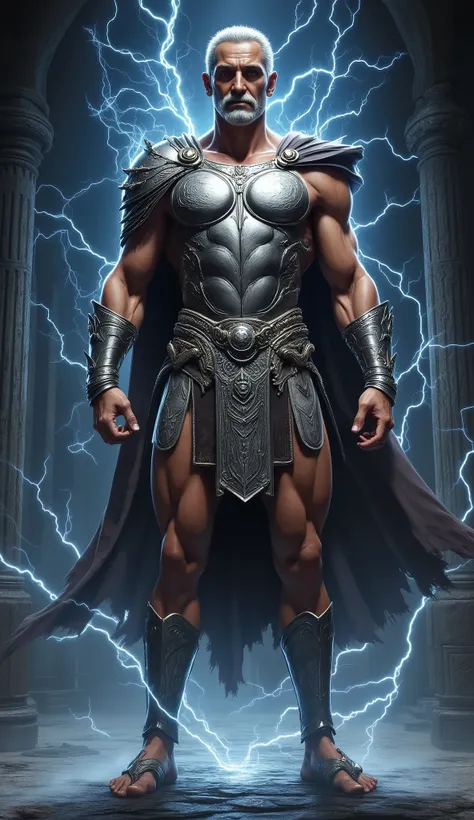 Zeus, lightning background, shining silver amor, skinny, slightlty baldness, moustache, sandal