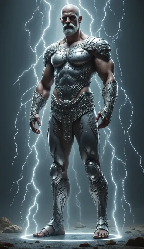 Zeus, lightning background, shining silver amor, skinny, slightlty baldness, moustache, sandal