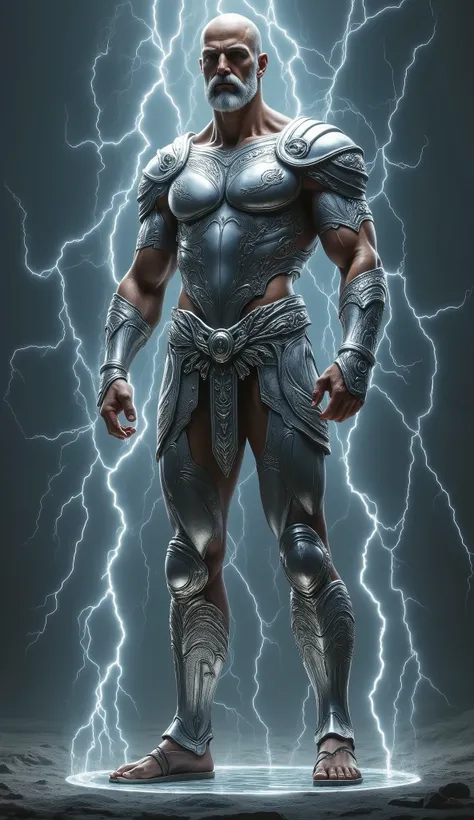 Zeus, lightning background, shining silver amor, skinny, slightlty baldness, moustache, sandal