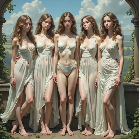 William Adolphe Bouguereau style, Extremely Detailed Barefoot Girly Teenagers with curly golden hair smiling gently, Clear white skin and big blue eyes, Panoramic, Leggy full body, Embrace own body tightly,