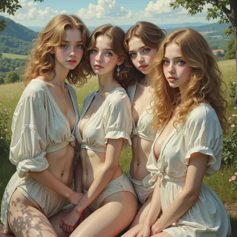 William Adolphe Bouguereau style, Extremely Detailed Barefoot Girly Teenagers with curly golden hair smiling gently, Clear white skin and big blue eyes, Panoramic, Leggy full body, Embrace own tits tightly,