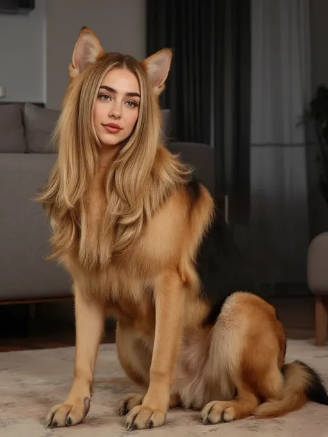 (masterpiece, High Quality, high resolution hairstyle, Hyperrealistic photograph), majestic female anthropomorphic German shepherd, hybrid creature standing on all four legs, humanized canine anatomy in elegant posture, beautiful female face with delicate ...