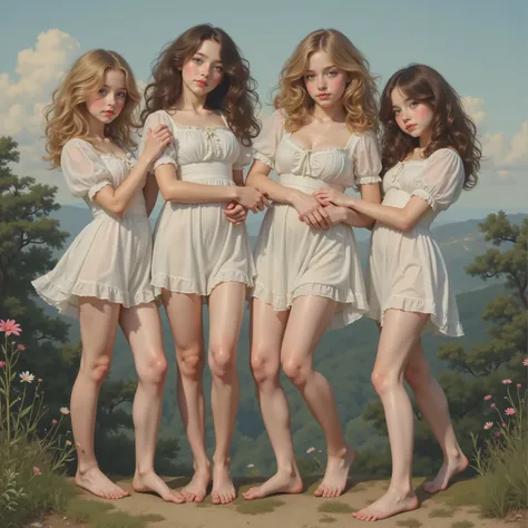 William Adolphe Bouguereau style, Extremely Detailed Barefoot Girly Teenagers with curly golden hair smiling gently, Clear white skin and big blue eyes, Panoramic, Leggy full body, hug yourself tightly,