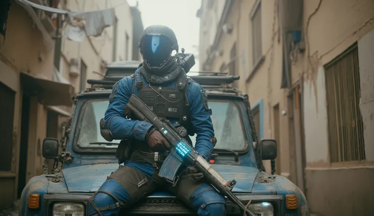Ultra-detailed post-apocalyptic sci-fi scene. A muscular male soldier wearing a blue high-tech armored exosuit with scratched metal plates, heavy mechanical joints, and a full blue helmet with glowing visor. Sitting confidently on the hood of a rugged, bat...