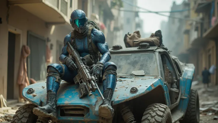 Ultra-detailed post-apocalyptic sci-fi scene. A muscular male soldier wearing a blue high-tech armored exosuit with scratched metal plates, heavy mechanical joints, and a full blue helmet with glowing visor. Sitting confidently on the hood of a rugged, bat...