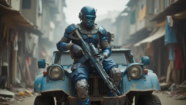 Ultra-detailed post-apocalyptic sci-fi scene. A muscular male soldier wearing a blue high-tech armored exosuit with scratched metal plates, heavy mechanical joints, and a full blue helmet with glowing visor. Sitting confidently on the hood of a rugged, bat...