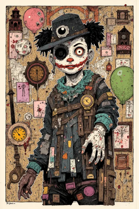 black and white, The paint on the face is peeling,flow down in the shape of tears,asymmetrical design,One eye is abnormally large,And one eye shines like a glass ball,Costumes with holes、Old Jester Outfit with Stains、Clothes that don't match(Contrast betwe...