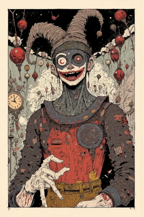 black and white, The paint on the face is peeling,flow down in the shape of tears,asymmetrical design,One eye is abnormally large,And one eye shines like a glass ball,Costumes with holes、Old Jester Outfit with Stains、Clothes that don't match(Contrast betwe...