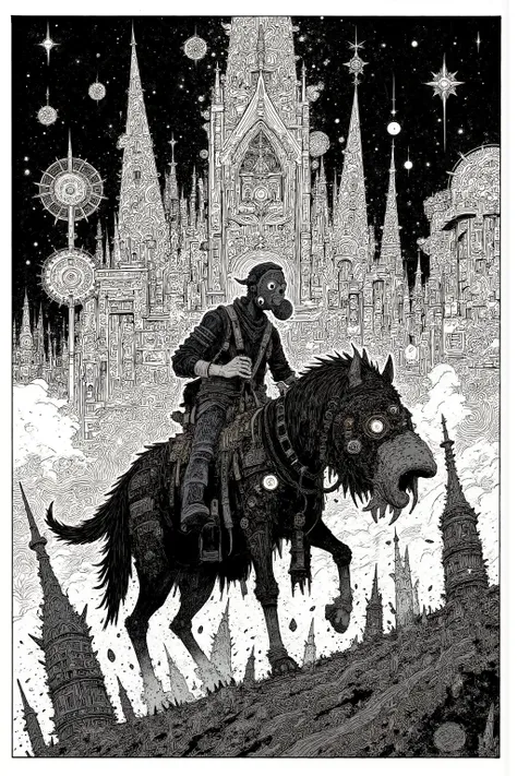 A man wearing a plague mask is riding a strange animal, and other items 々 々, dmt Death of Ego , Exquisite Futuristic Art , DMT Art, DMT Egodes , Dan Mumford and Alex Grey style, psychedelic transart , ultra-detailed fantastic art , epic...