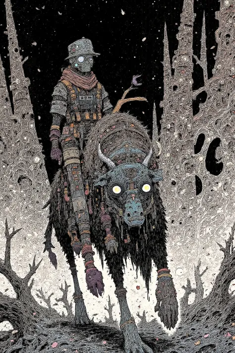 A man wearing a plague mask is riding a strange animal, and other items 々 々, dmt Death of Ego , Exquisite Futuristic Art , DMT Art, DMT Egodes , Dan Mumford and Alex Grey style, psychedelic transart , ultra-detailed fantastic art , epic...