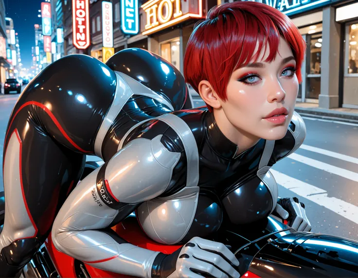 (masterpiece), (portrait),huges breasts (aesthetics), ((tomboy style delicate 18-year-old face)), (((short straight, very short hair)), ((cute red hair)), hair bangs, thin open eyes, blue eyes, big breasts, straight hair, cute, female, woman, lips slightly...