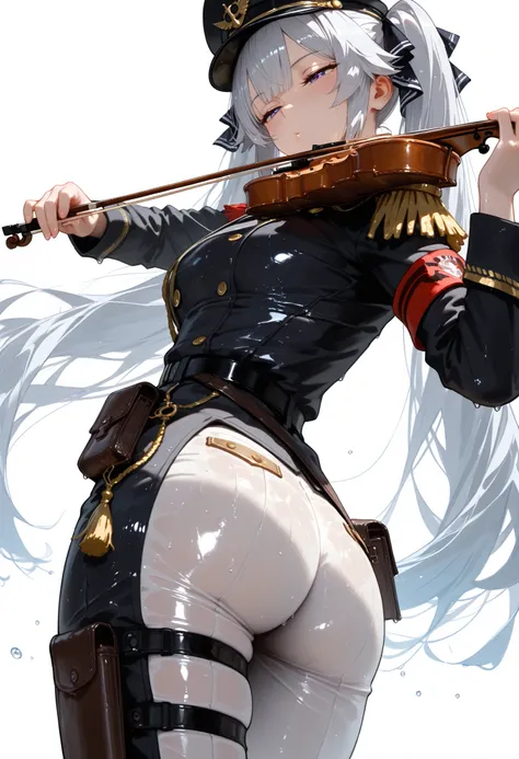 masterpiece,top quality,very beautiful,highs,absurds,1girl,matu female,glossy skin,Wet,æ¥ç®,has,d eyes,solo,uniform,Military uniform,long hair,playing æ¥ç®,Military,music,Violin,Shaco cap,holding æ¥ç®,ASS BELOW PANTS,holding,white background,gray hair,epau...