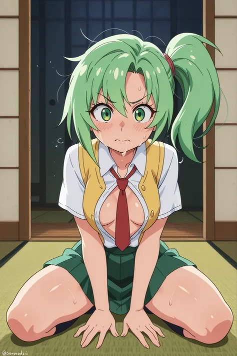 best quality, ultra-detailed, finely detail, Mion Sonozaki with characteristic long bright green hair partially falling from signature side ponytail, expressive green eyes showing intensity, school uniform disheveled during intimate encounter with white sh...