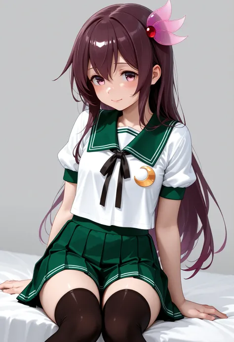 Kisaragi \(kancolle\),Kisaragi \(kancolle\), white shirt, green sailor collar, short sleeves, pleated green skirt, hair ornament, black ribbon, black thighhighs, crescent pin