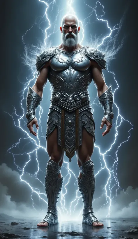 Zeus, lightning background, shining silver amor, skinny, slightlty baldness, moustache, sandal