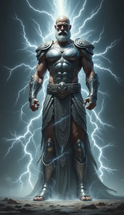 Zeus, lightning background, shining silver amor, skinny, slightlty baldness, moustache, sandal