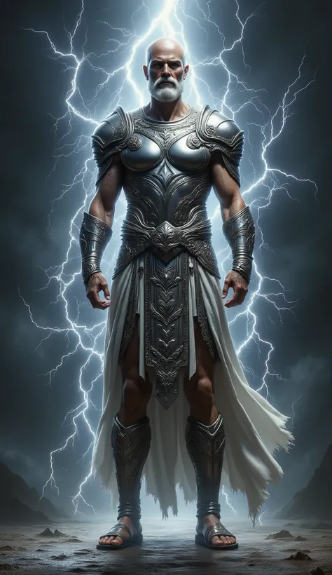 Zeus, lightning background, shining silver amor, skinny, slightlty baldness, moustache, sandal