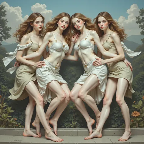 William Adolphe Bouguereau style, Extremely Detailed Barefoot Girly Teenagers with curly golden hair smiling gently, Clear white skin and big blue eyes, Panoramic, Leggy full body, Holding tight self body,