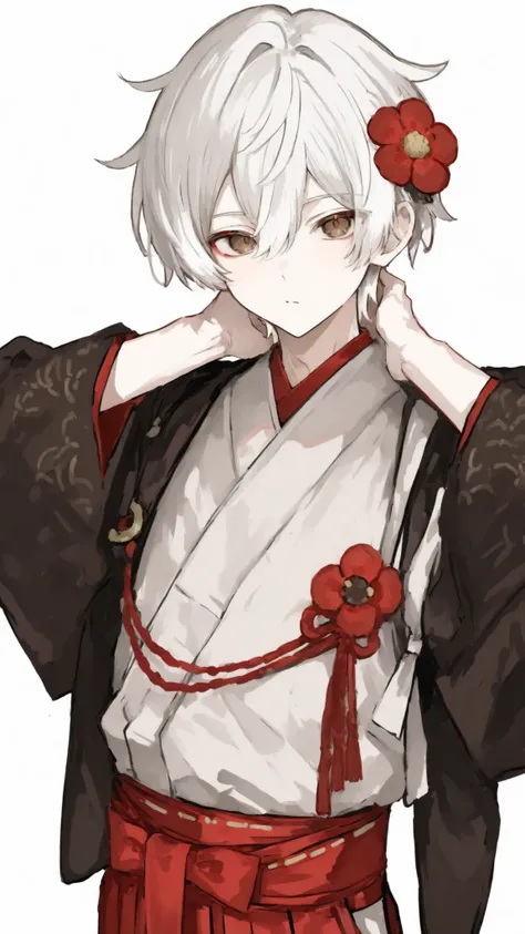 Male,white hair,in brown eyes, Victor hair,Office Kimono,Black Sleeve Island, Hakama,standing,white background,red flower hair,hands on neck ,
