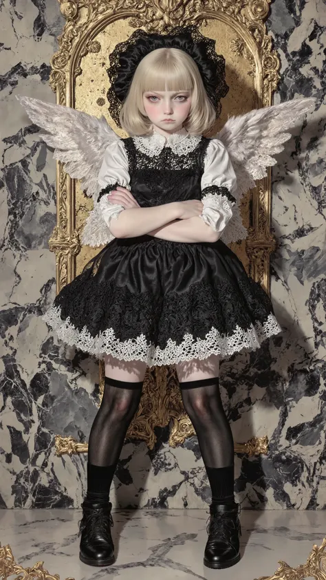 from directly front,A young little girl,cute frowning face,angry, pale skin,defiant attitude,looking at viewer,dynamic pose,Standing with legs spread wide apart,spread-eagled,Crossing her arms with a look of dissatisfaction,short curly blonde hair. wearing...