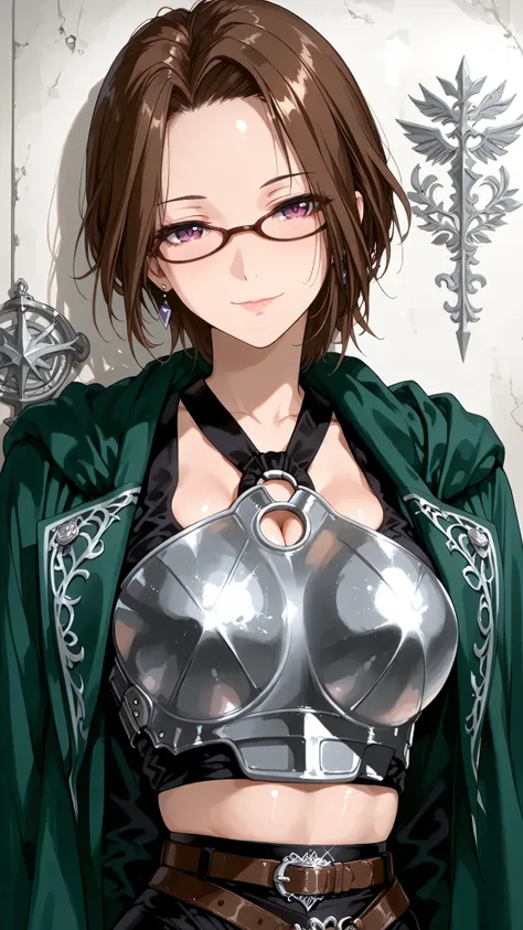 solo, tomoe (accelerando), purple eyes, brown hair, short hair, glasses, mature woman, Tight waist、Small waist、shiny Skin , (upper body), sexy, (adult woman, 25+), score_9, score_8_up, score_7_up, source_anime,(extremely detailed CG), (best quality), fema...