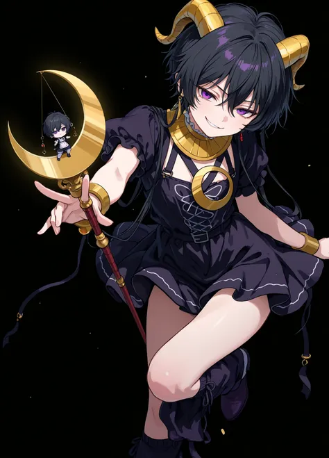 A young, androgynous figure with short, black hair, and piercing purple eyes, stands in a dynamic pose. Two small, yellow horns sprout from the top of the character's head, and the figure wears a mischievous smirk. The attire is a dark purple jester-style ...