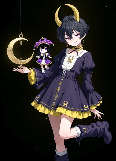 A young, androgynous figure with short, black hair, and piercing purple eyes, stands in a dynamic pose. Two small, yellow horns sprout from the top of the character's head, and the figure wears a mischievous smirk. The attire is a dark purple jester-style ...