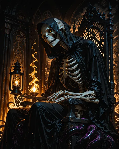 Frontal angle, (masterpiece, 4K, ultra-detailed, vivid and vibrant colors), {1 man}: (a very tall and slender man, practically made of bones and skin, his skull is a skeleton with strong yellow lights emanating from his eyes like lantern lights, a macabre ...