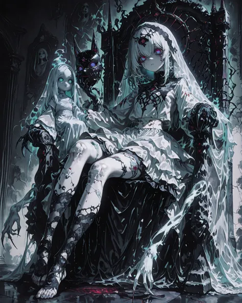 Frontal angle, (masterpiece, 4K, ultra-detailed, vivid and vibrant colors), {a girl}: (small, ghostly figure the size of a child, apparently 6 to 8 years old, with a frightening porcelain doll face, wearing a delicate yet disturbing funereal veil and a tor...