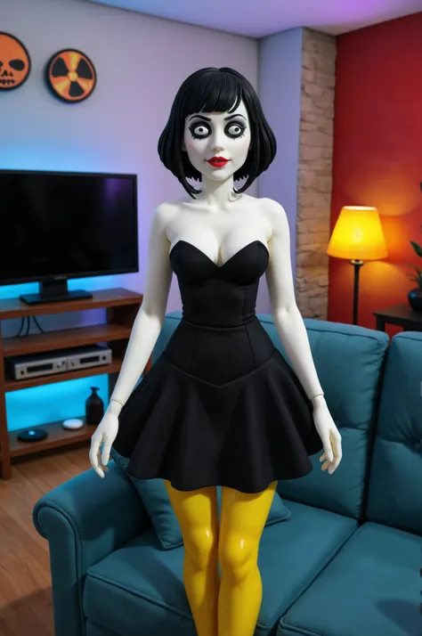 1girl, made-of-clay, short black hair, black eyes, black dress, in a claymation living room with clamationy furniture, in full view in a crude claymation style