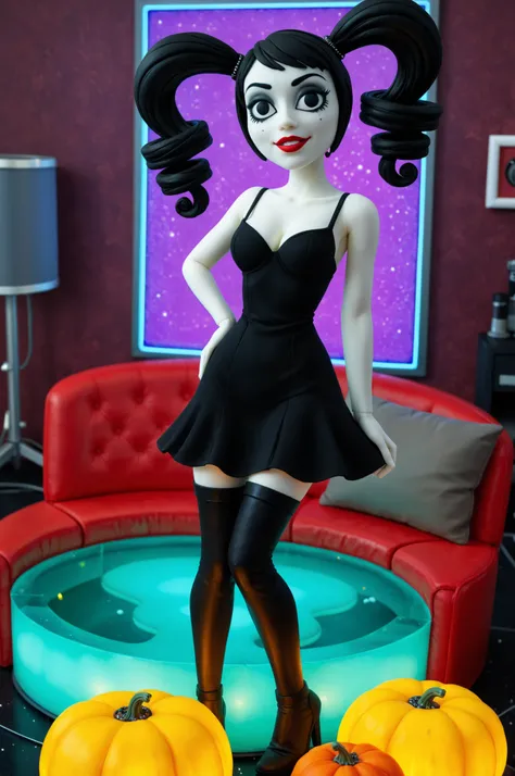 1girl, made-of-clay, short black hair, black eyes, black dress, in a claymation living room with clamationy furniture, in full view in a crude claymation style