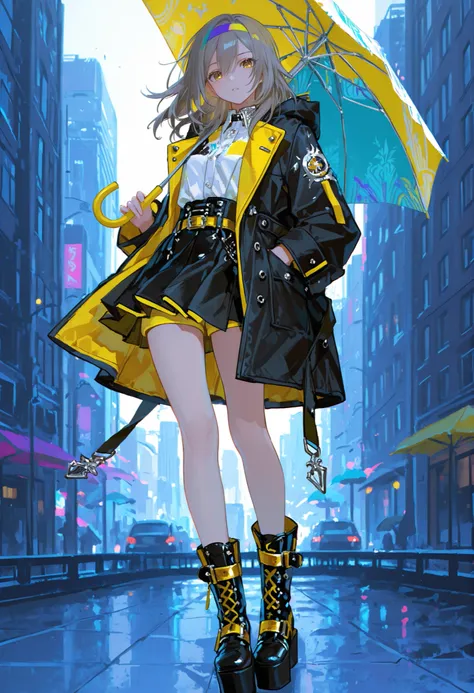 748cmstyle,,Stelle, Collapse Star Rail character on metallic crop, silvery thick hair, active and colorful costume, Metallic crop top, Golden eyes, black coat with yellow lining, high-waisted slim shorts with black skirt layered with asymmetric yellow lini...