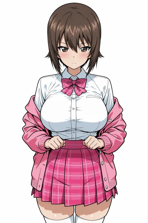  masterpiece, best quality , (detailed eyes:1.2),

nishizumi maho, (girls und panzer) brown hair, short hair, brown eyes, (Large breasts),

masterpiece,best quality,amazing quality, absurdres, , 
1girl, mature female, A curvaceous body, white shirt, pink s...