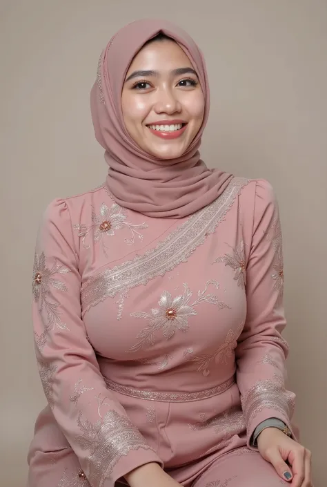 hyper HD, Masterpiece, Textured skin, 4K, Best quality of potrait a Beautiful hijab asian woman white fairy skin wearing kebaya outfit , perfect veil hijab muslimah style, detail scarf , close-up half body , happy vibes, beauty smile open mouth showing tee...