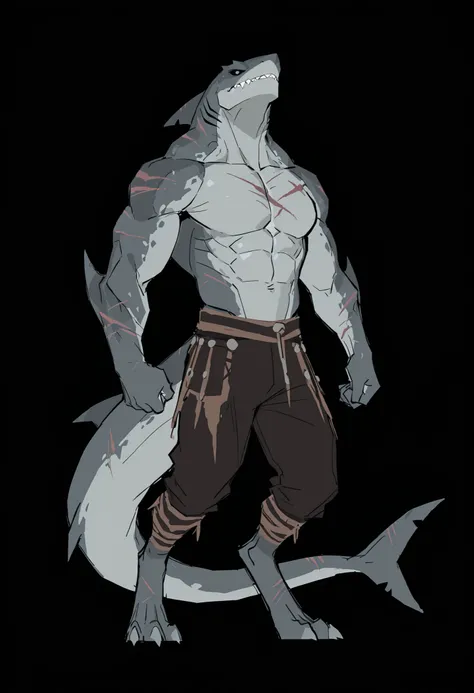 sharkman, anthro megalodon, solo, dnd, lizard shark hybrid, anthro, barbarian, detailed scalie skin, dark detailed eyes, fins on arms, gray color body, digitigrade legs, proporcional body, wide chest, old scars, abs, wearing dark pants, marked jaw, 3 toes,...