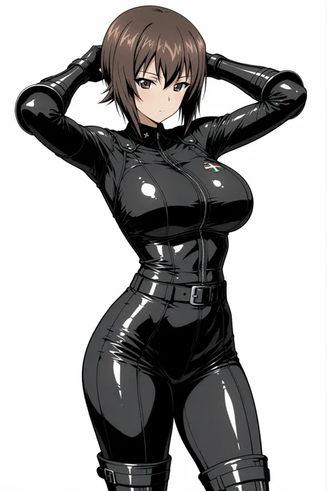  masterpiece, best quality , (detailed eyes:1.2),

nishizumi maho, (girls und panzer) brown hair, short hair, brown eyes, (Large breasts),

masterpiece,best quality,amazing quality, absurdres, , 
1girl, mature female, A curvaceous body,  light leather armo...