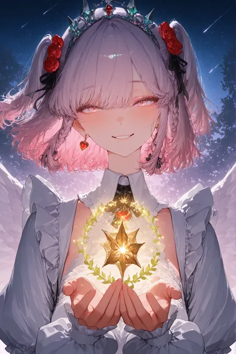 A young woman is in a garden-like environment, with lush green foliage in the background. She is dressed in a classic maid outfit that consists of a black dress with a white apron, with details in pink, like bows on the chest and skirt hem. the skirt is sh...