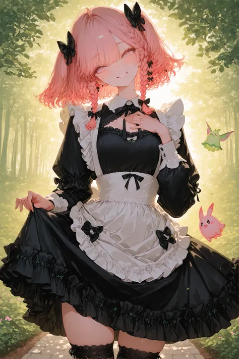 A young woman is in a garden-like environment, with lush green foliage in the background. She is dressed in a short classic maid outfit, consisting of a black dress with a white apron, with details in pink, like bows on the chest and skirt hem. the skirt i...
