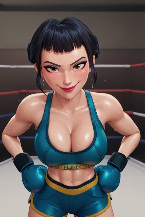 BREAK, score_6_up, score_7_up, score_8_up, score_9, 1girl, solo, kpdh_z0ey, black hair, short hair, hair bun, brown eyes, blunt bangs, lipstick, makeup, official KPop Demon Hunters aesthetic, large breasts, busty, cleavage, curvy, athletic, looking at view...