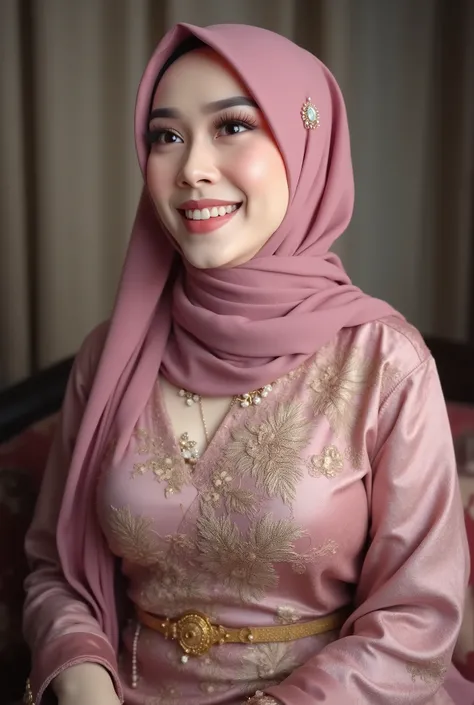 hyper HD, Masterpiece, Textured skin, 4K, Best quality of potrait a Beautiful hijab hooded asian woman white fairy skin wearing kebaya outfit , perfect veil hijab muslimah style, detail scarf , close-up half body , happy vibes, beauty smile open mouth show...