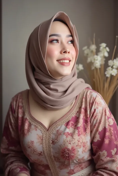 hyper HD, Masterpiece, Textured skin, 4K, Best quality of potrait a Beautiful hijab hooded asian woman white fairy skin wearing kebaya outfit , perfect veil hijab muslimah style, detail scarf , close-up half body , happy vibes, beauty smile open mouth show...